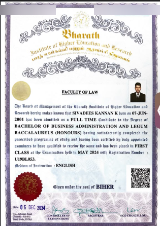 Bachelor of Business Administration and Bachelor of Legislative Law (Honours) Degree Certificate